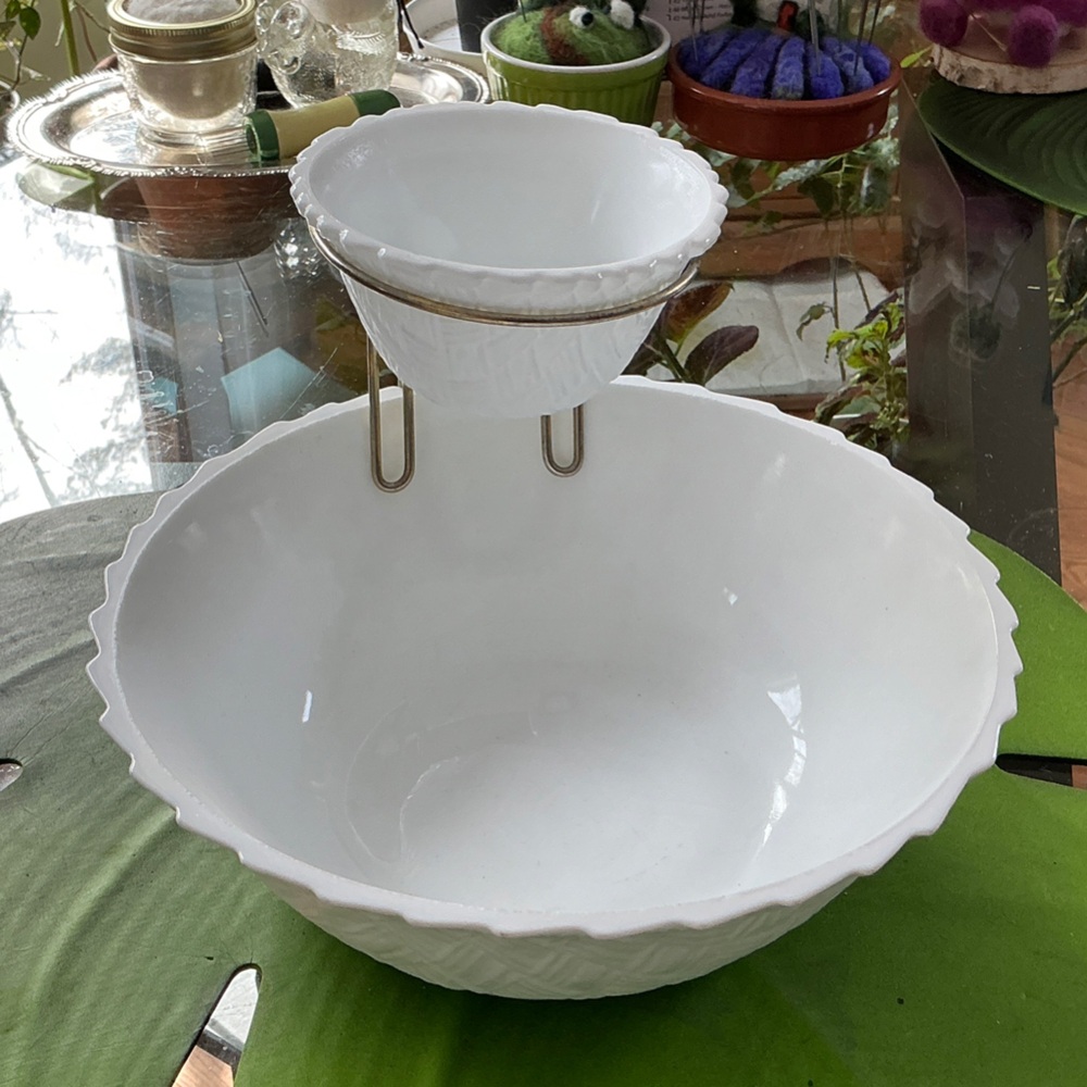 Mid-century White Ceramic Serving Bowl with Elevated dip Holder